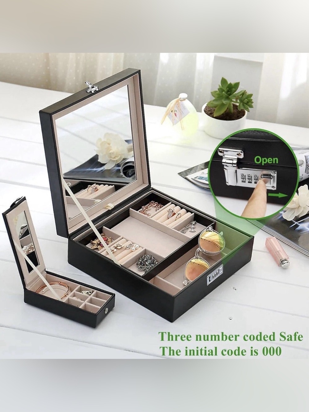 Black Jewelry Organizer Box with Mirror, detachable travel case and Lock
